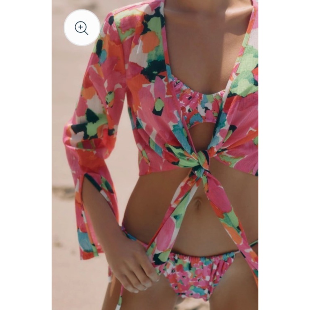 Sanctuary Geranium Floral Knot Front Crop Top Bell Sleeve Pink Orange Medium